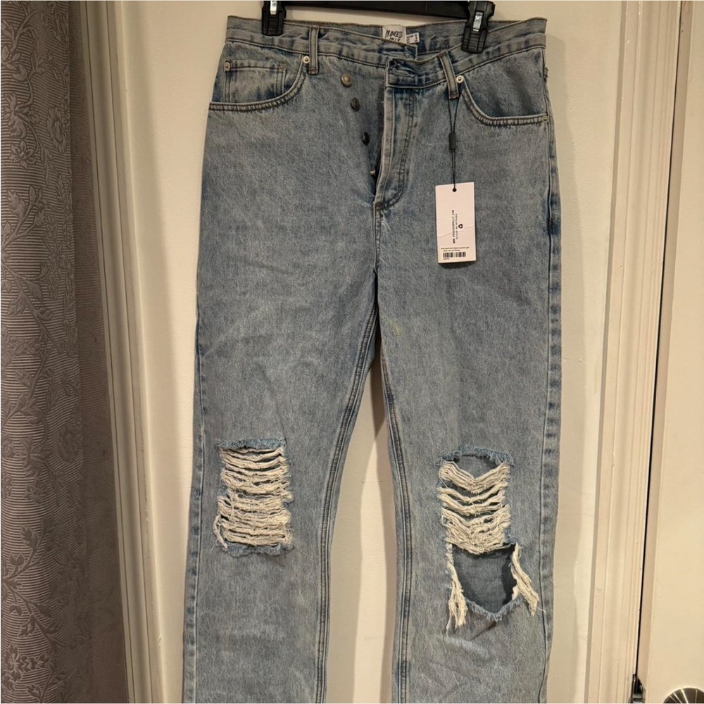 Princess Polly Ripped Light Blue Boyfriend Jeans Asymmetrical